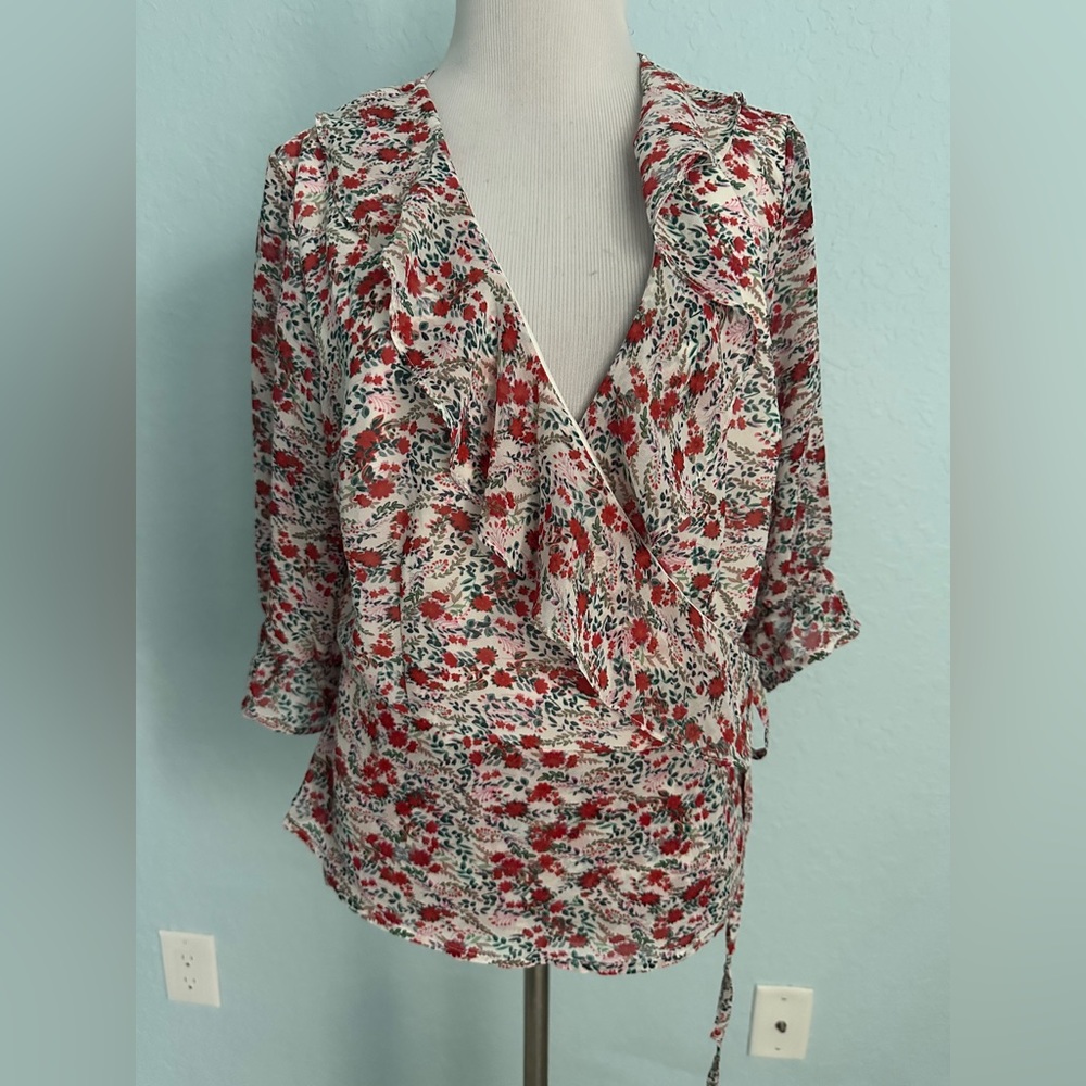 Kendall & Kylie Pink, Red, and White Ruffled Wrap Blouse Size 10